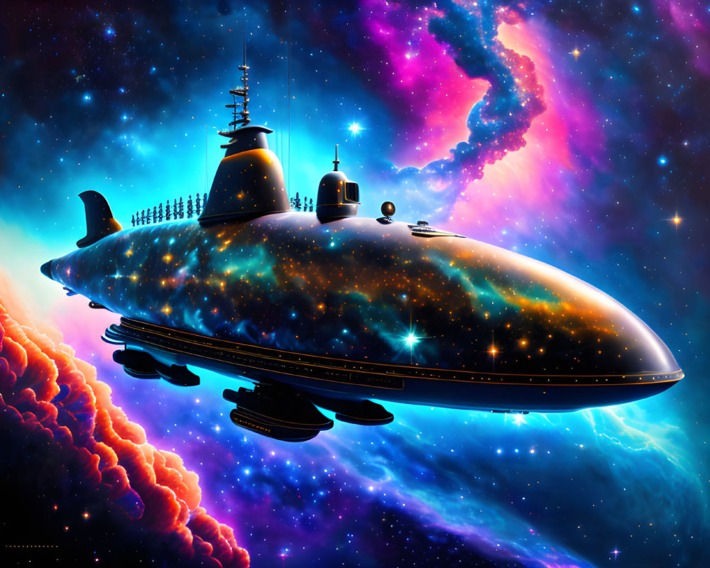 Surreal submarine whale in cosmic sea and space scene