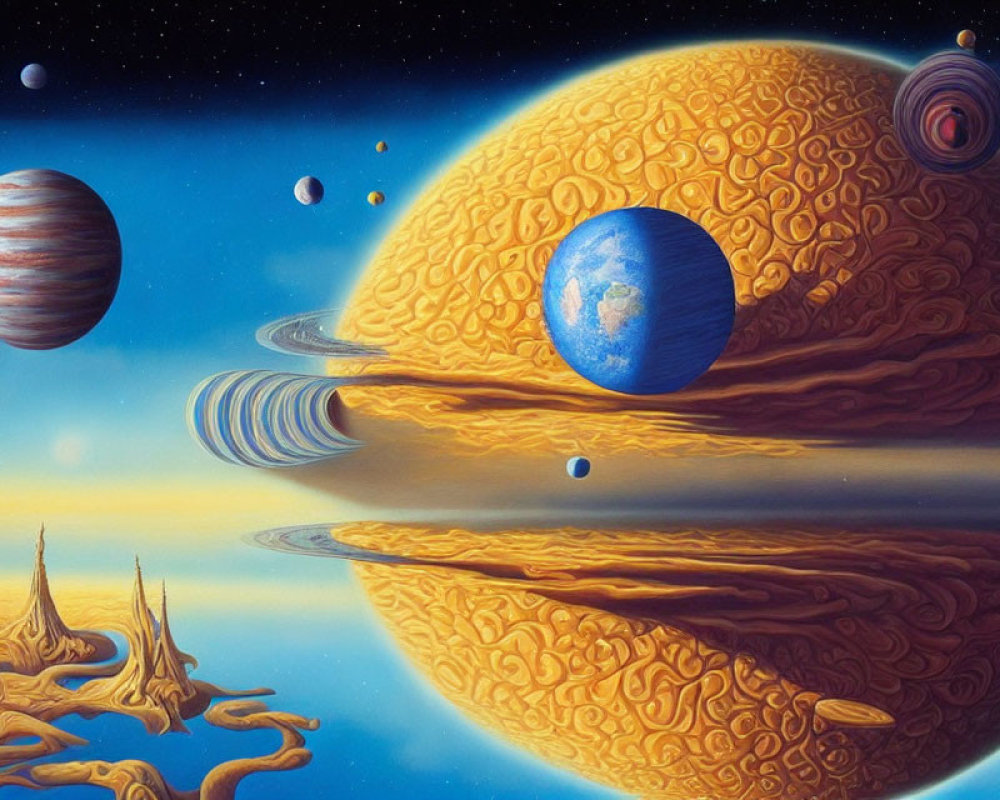Detailed Space Scene with Gas Giant, Rings, Planets, Moons, and Cosmic Features