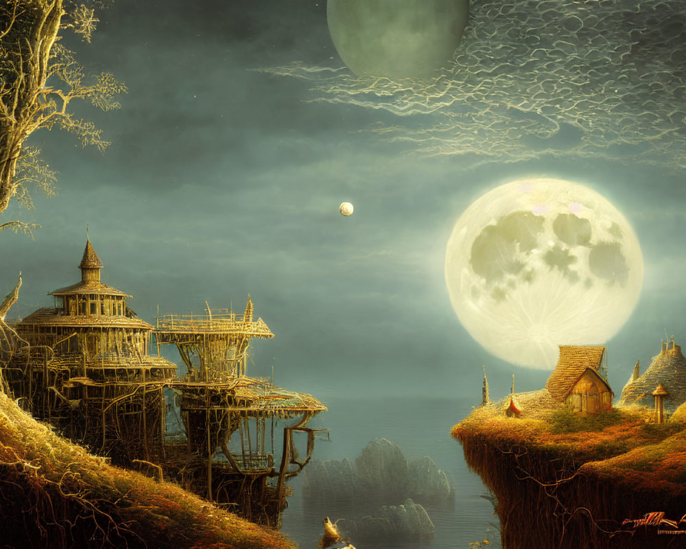Ethereal fantasy landscape with treehouses and traditional huts under moons