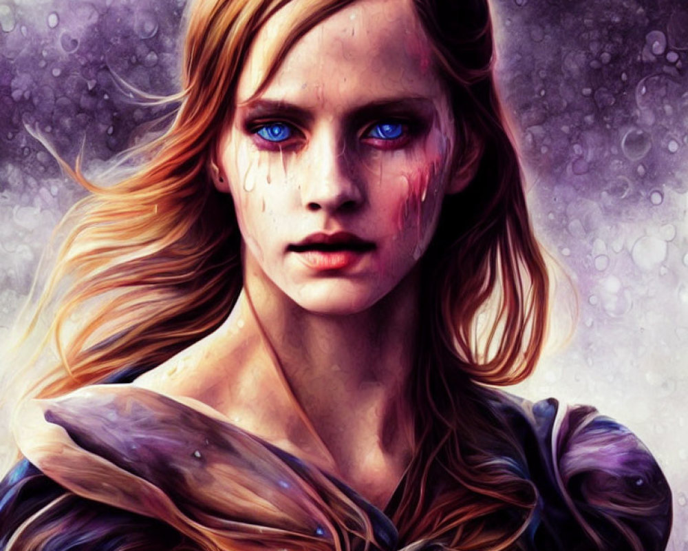 Digital artwork: Woman with intense blue eyes and tears in fantasy armor against mystical purple backdrop