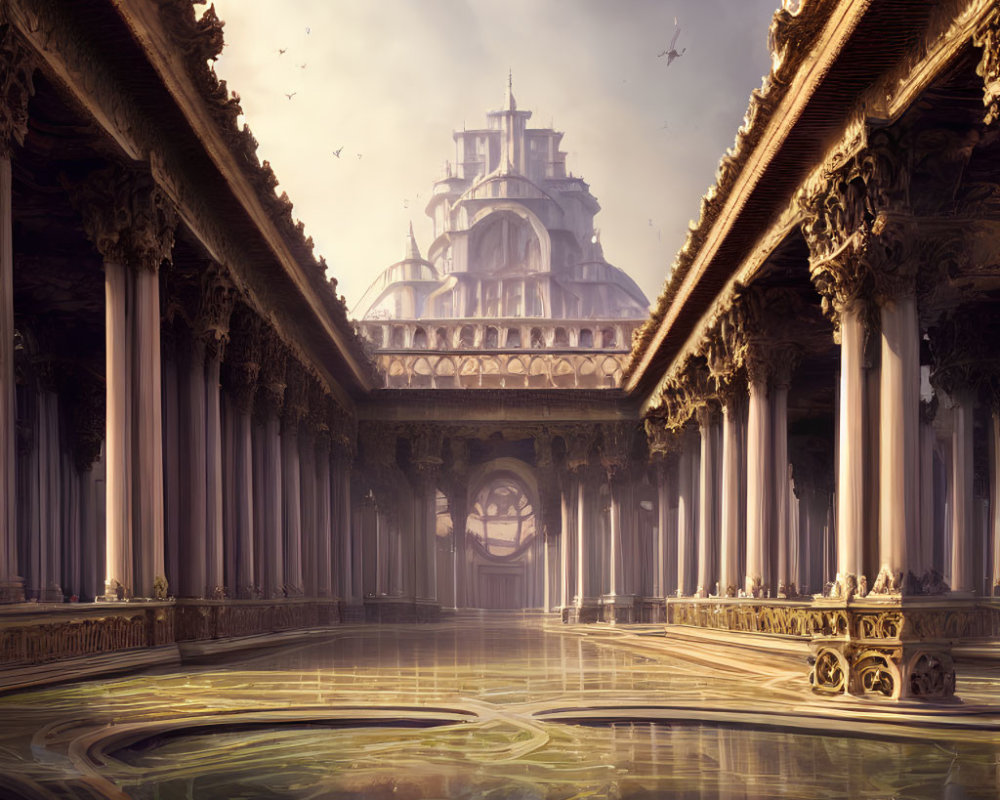 Fantasy palace with ornate columns, arches, reflective floor, and birds under soft-lit