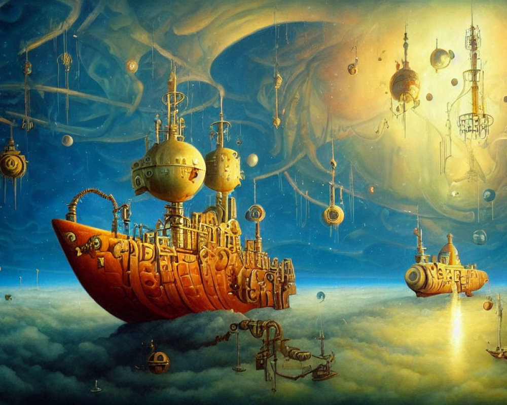 Steampunk-inspired landscape with floating ships and orbs in golden sky