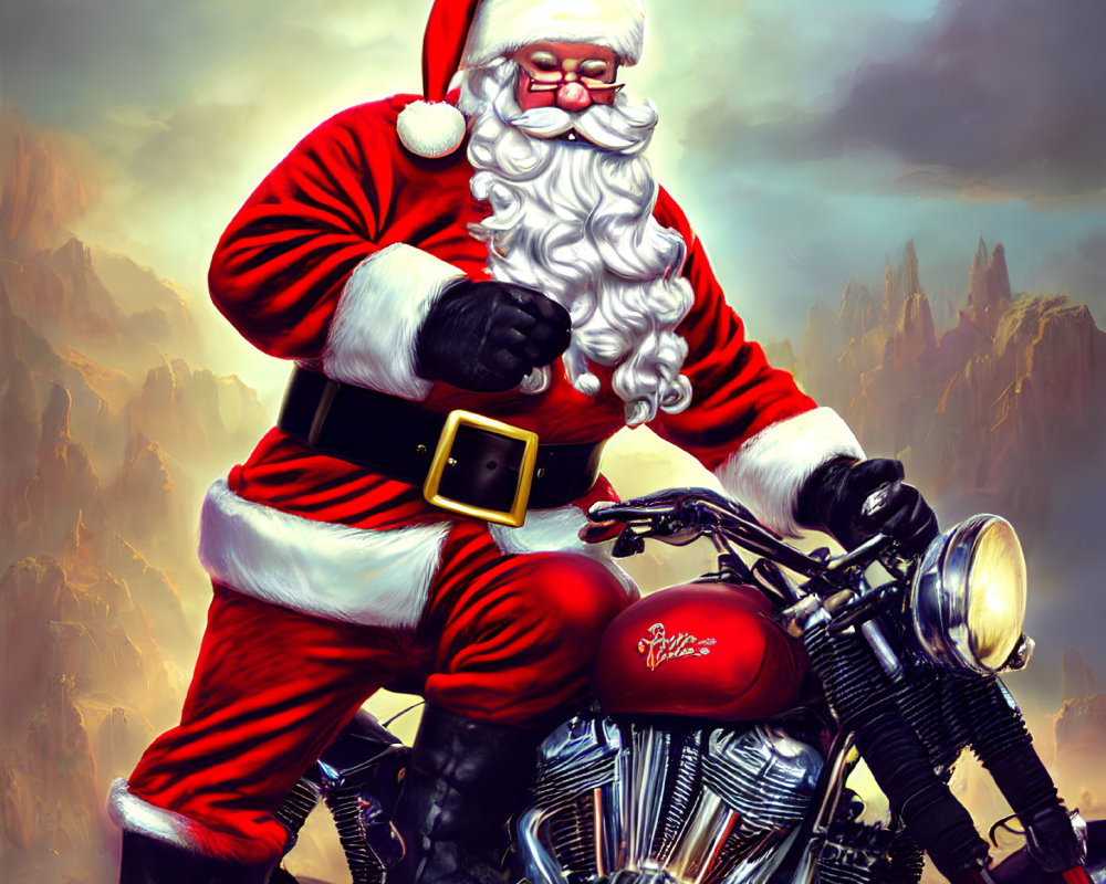 Santa Claus on Motorcycle with Mountain Background