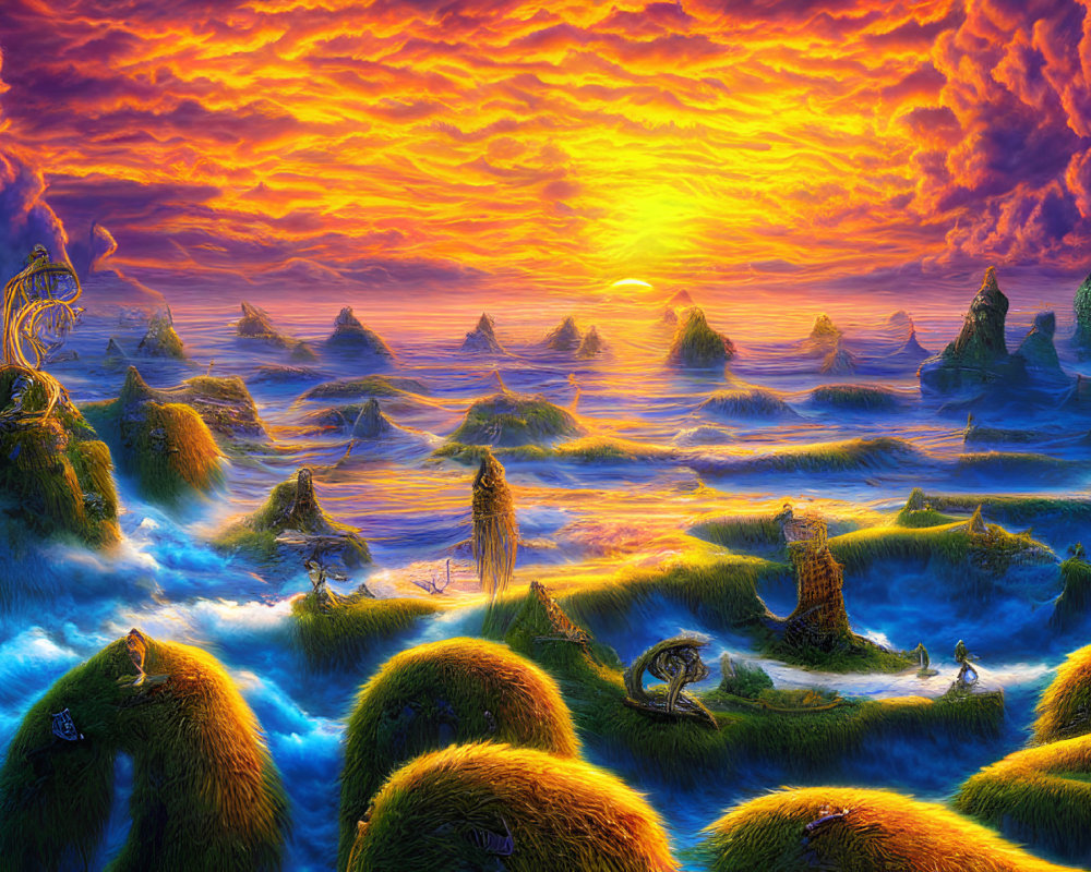 Vivid landscape with fiery clouds, sea, grass-covered islets, whimsical trees, dramatic sunset