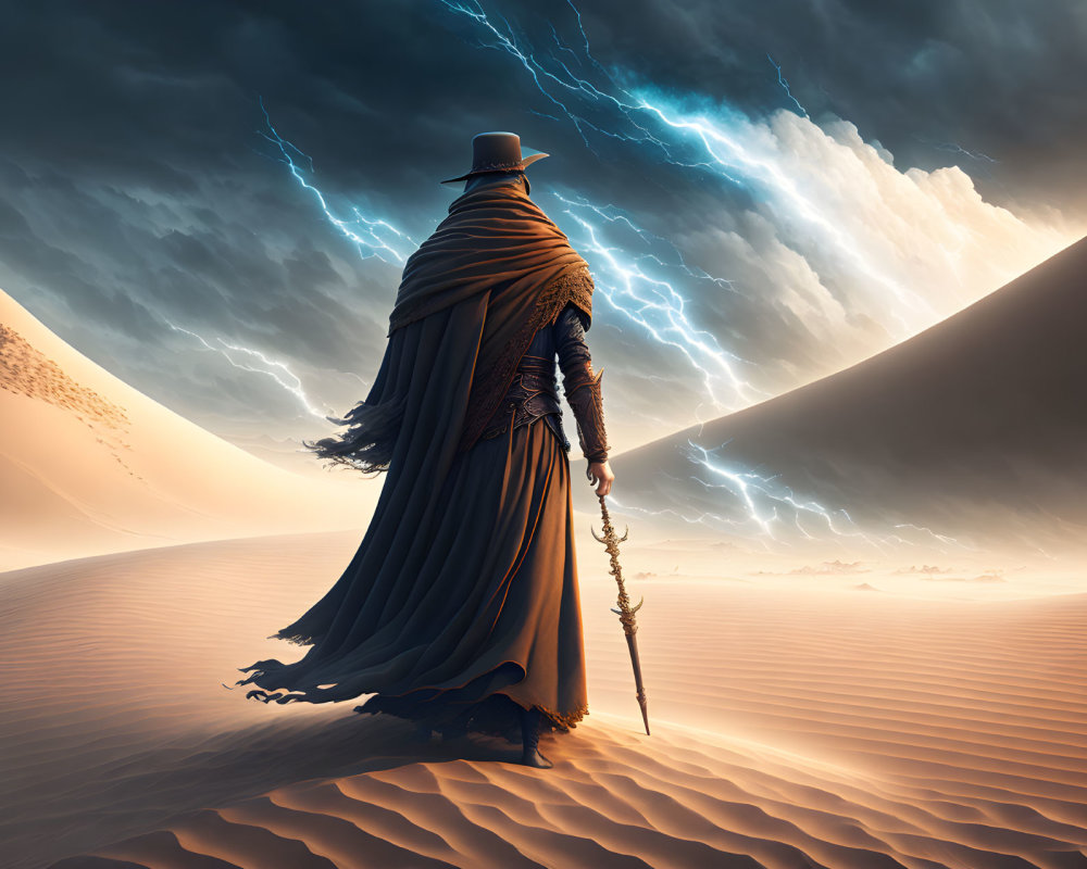 Mysterious cloaked figure in desert with staff under stormy sky