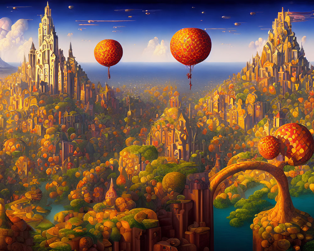 Fantasy landscape with ornate structures, hot air balloons, and autumnal trees