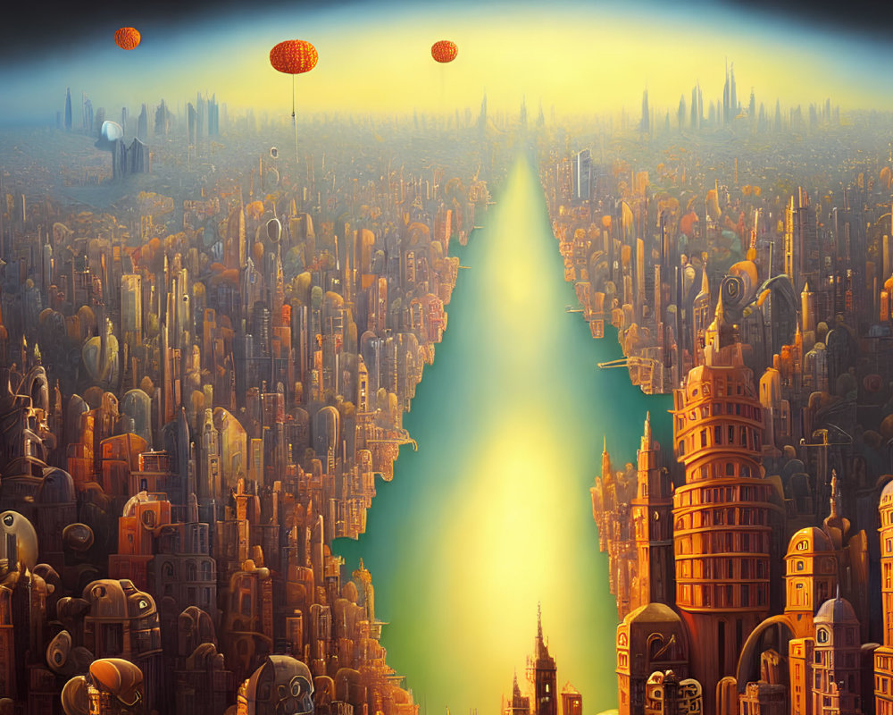 Futuristic cityscape with skyscrapers, glowing river, and floating lanterns