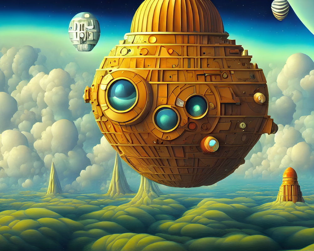 Floating wooden sphere with glass windows above cloudy landscape and planets