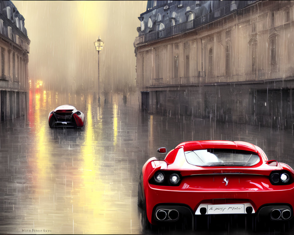 Red sports car parked on wet street under golden light