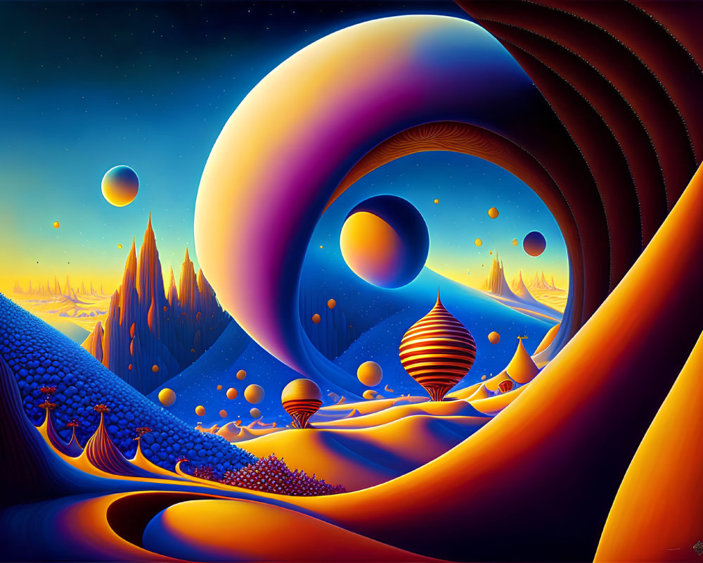 Surreal landscape with swirling patterns and celestial bodies in blue and orange palette