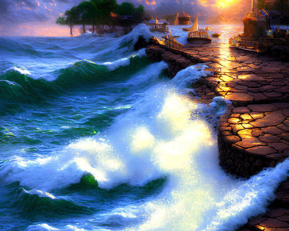 Ocean Sunset Scene: Waves Crash on Stone Path to Coastal Village