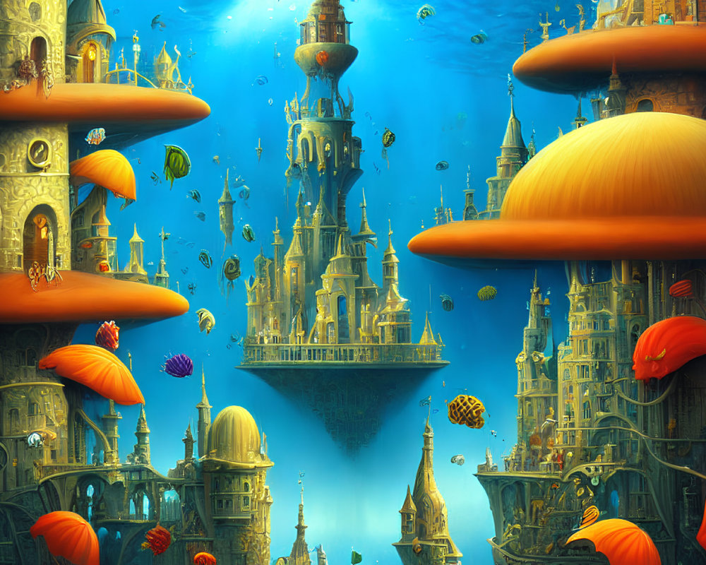 Colorful fish swim in whimsical underwater fantasy scene