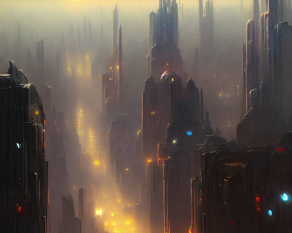 Futuristic cityscape at dusk: towering skyscrapers, glowing lights, hazy atmosphere