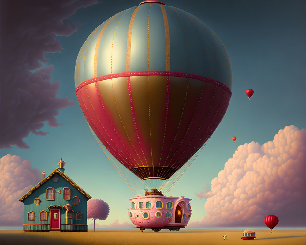 Whimsical painting of large balloon near green house & fluffy clouds