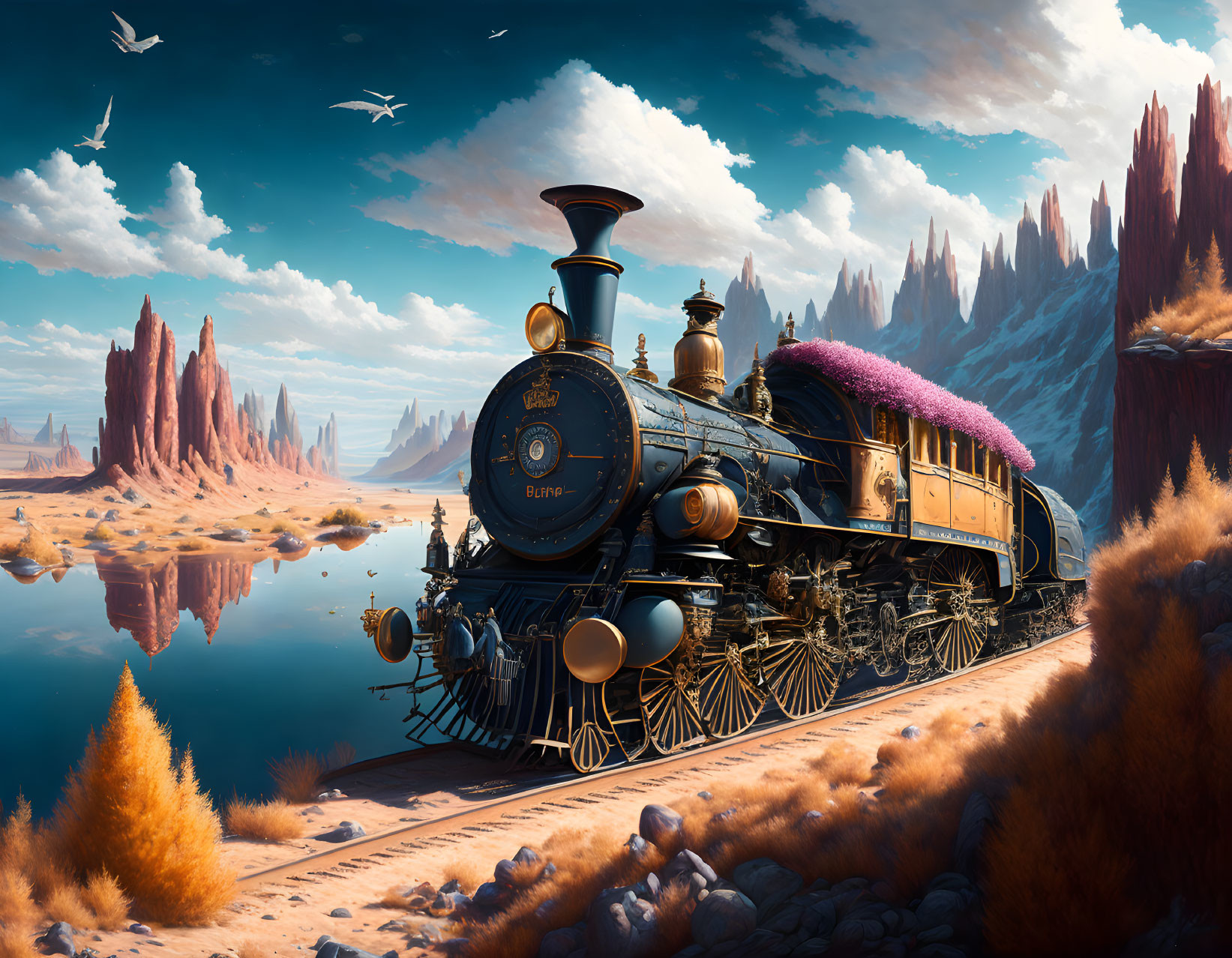 Vintage Steam Locomotive in Fantastical Desert Landscape