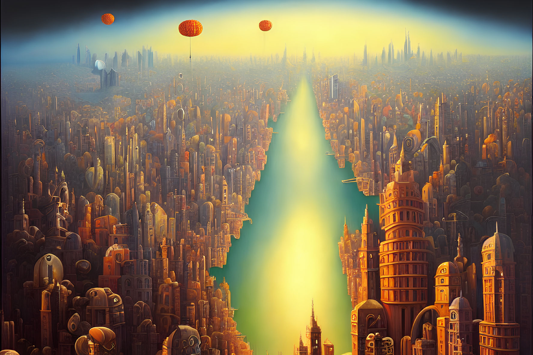 Futuristic cityscape with skyscrapers, glowing river, and floating lanterns