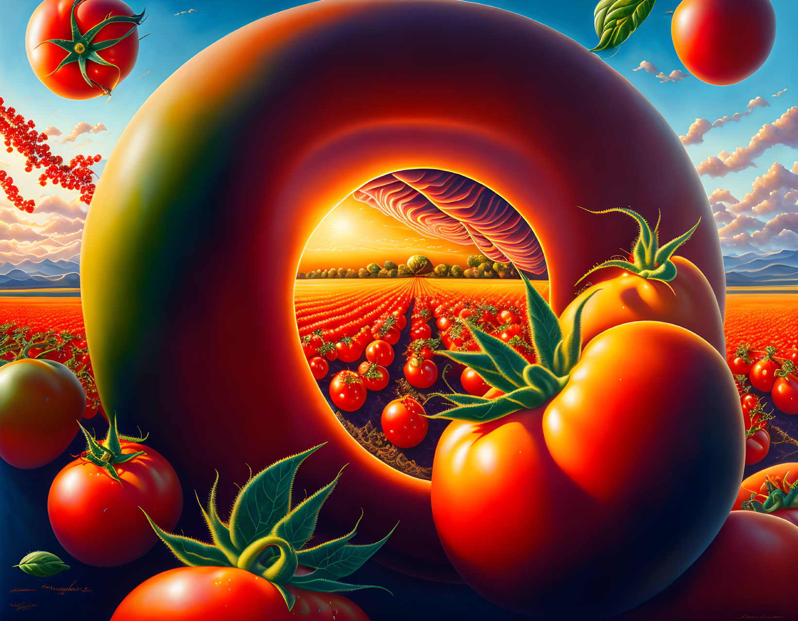 Surreal artwork featuring giant tomato arch, floating tomatoes, and vibrant sky