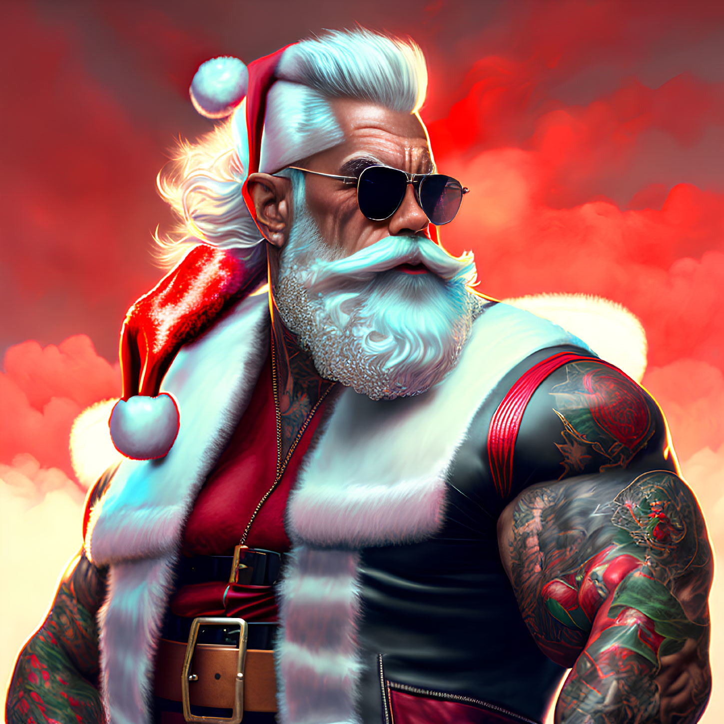 Hip tattooed Santa Claus illustration with sunglasses and white beard