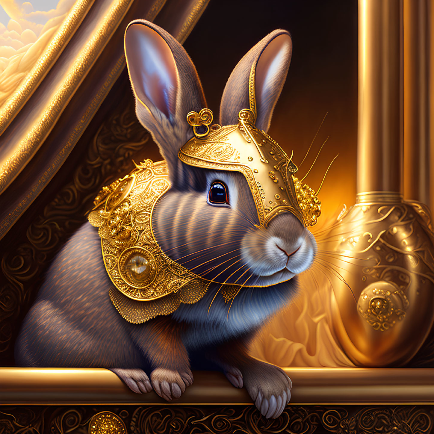 Regal rabbit in golden armor against lavish backdrop