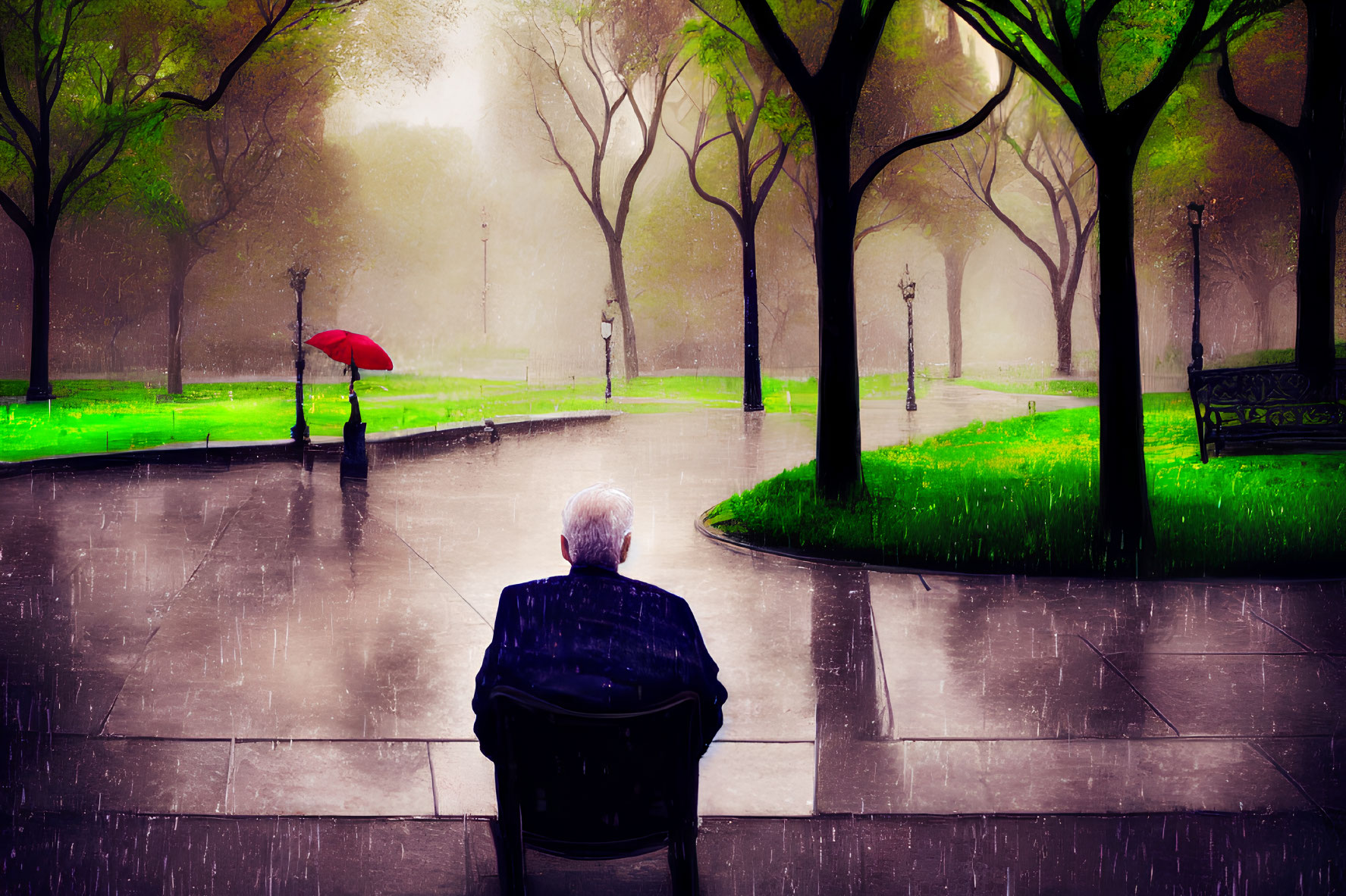 Individual on park bench gazing at person with red umbrella in rainy park