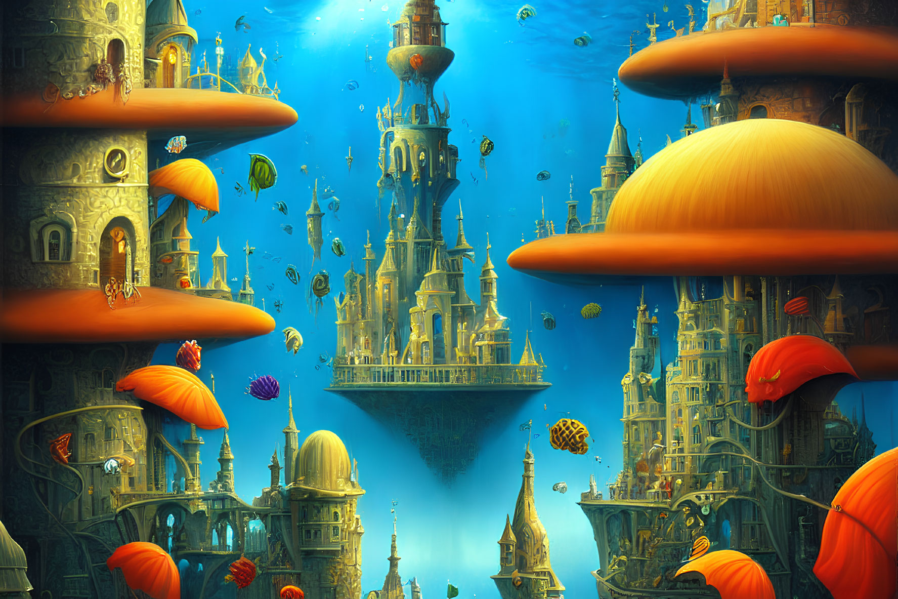 Colorful fish swim in whimsical underwater fantasy scene