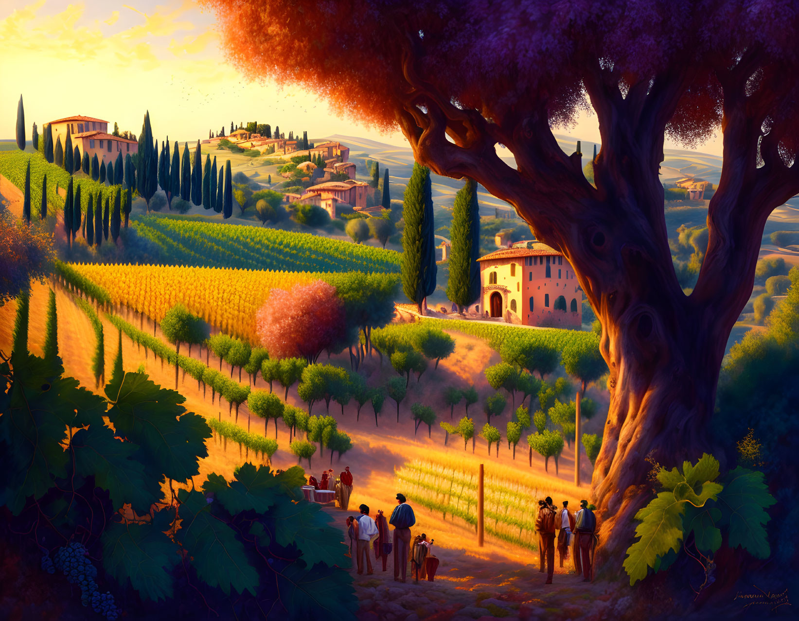 Vibrant vineyard landscape with rolling hills and cypress trees