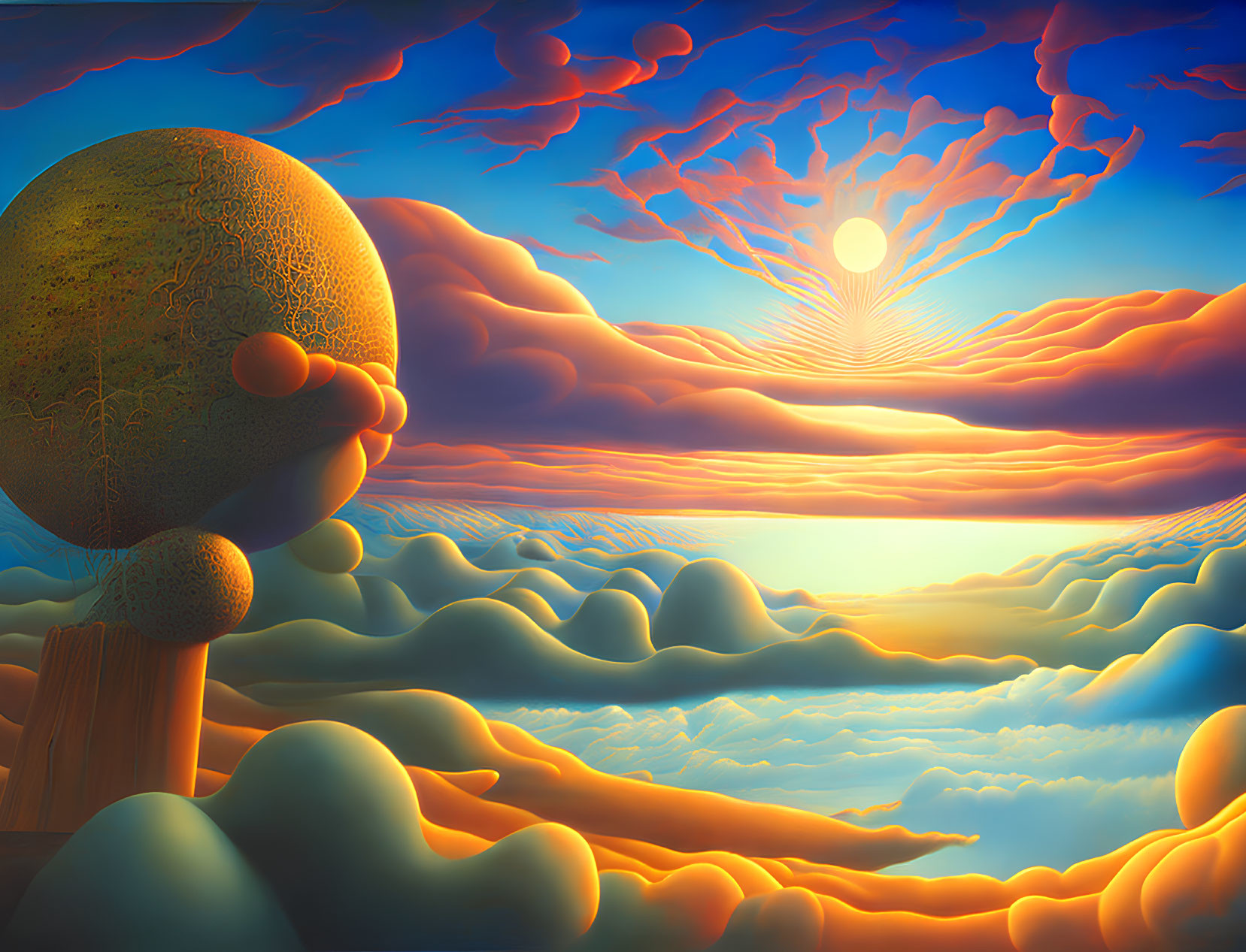 Vibrant surreal landscape with detailed sphere and colorful sunset