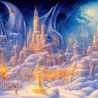 Snowy futuristic cityscape at dusk with flying vehicle, domes, and distant planet.