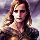 Digital artwork: Woman with intense blue eyes and tears in fantasy armor against mystical purple backdrop