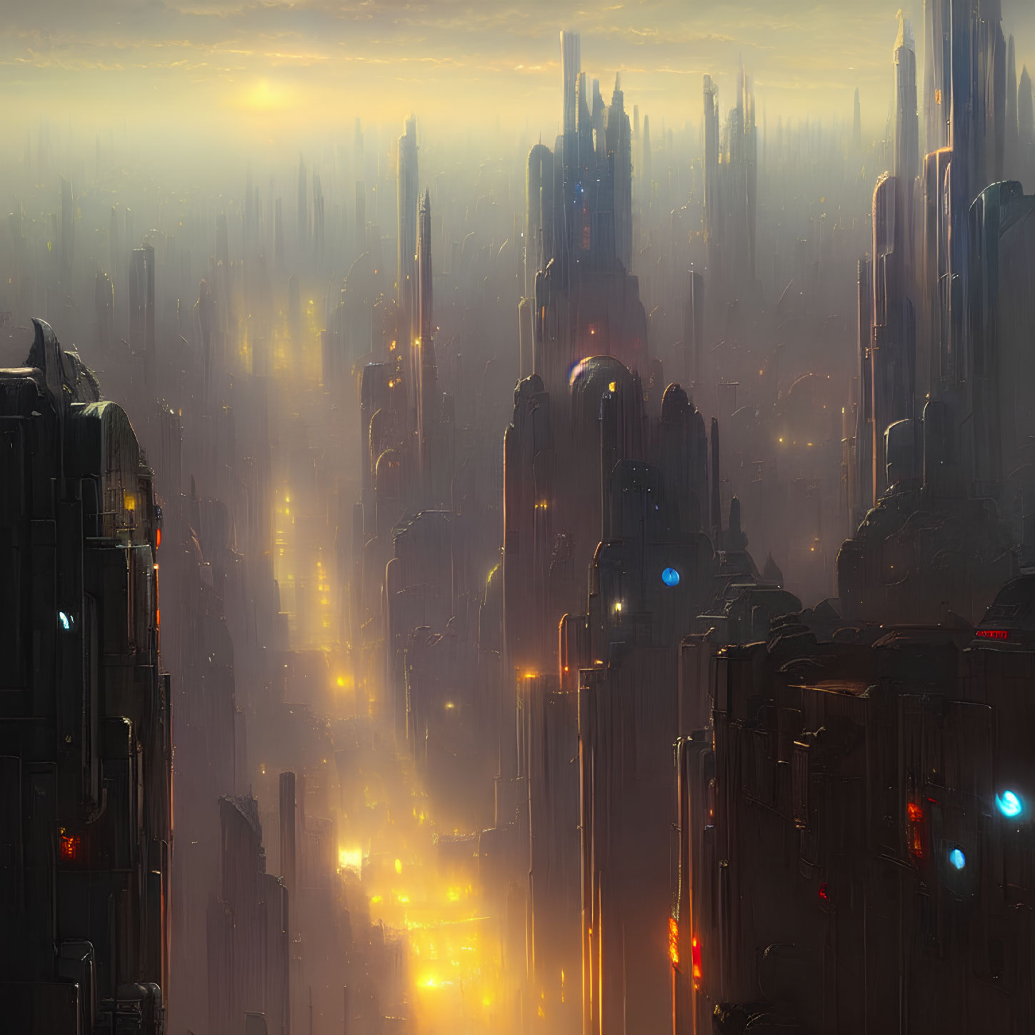 Futuristic cityscape at dusk: towering skyscrapers, glowing lights, hazy atmosphere