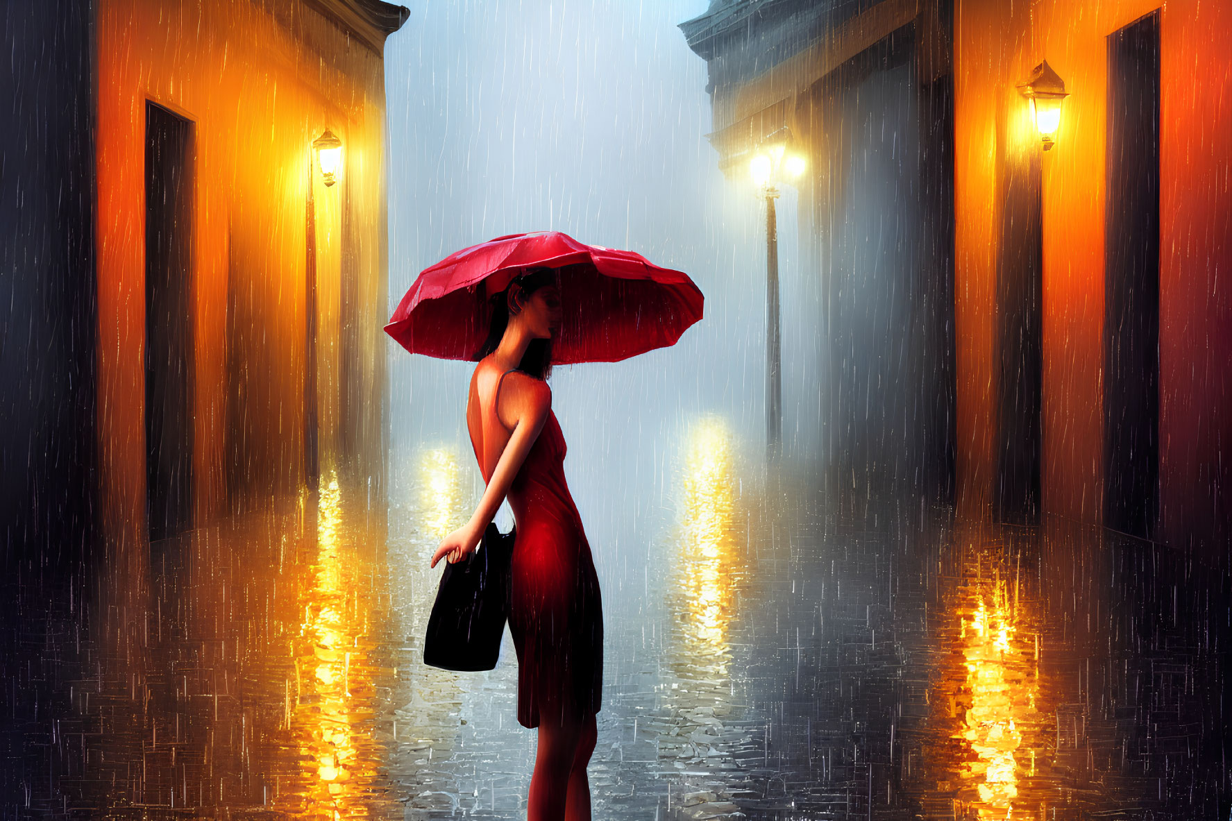 Person in red dress with umbrella walking on rainy cobblestone street
