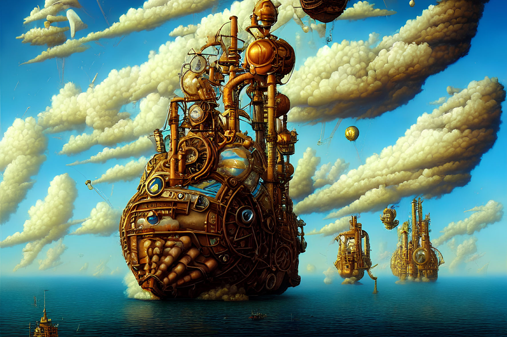 Steampunk-inspired floating city with metallic structures and airships in blue sky