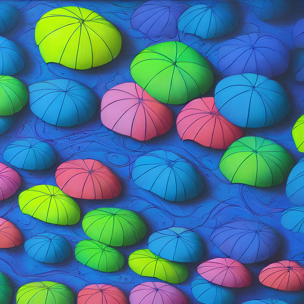Vibrant 3D-Rendered Beach Balls in Blue, Green, Pink, and Yellow