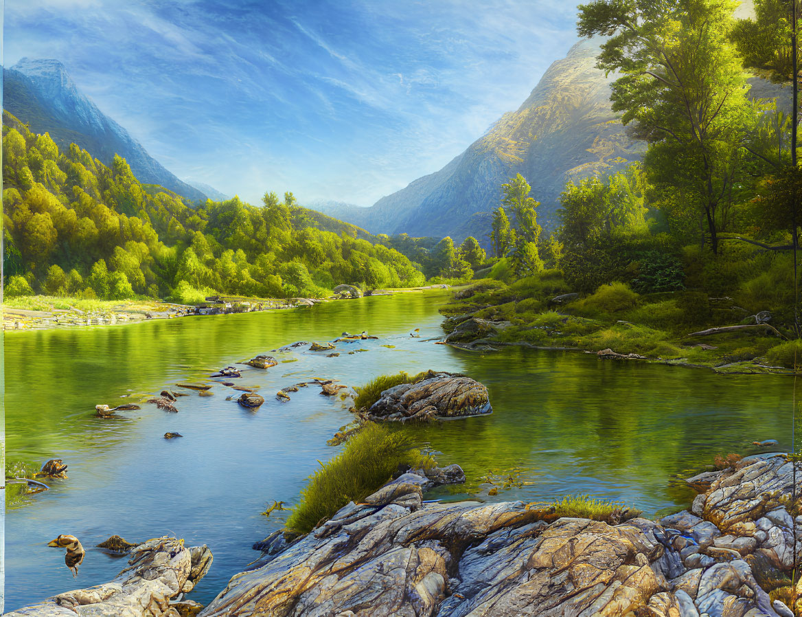 Tranquil river in valley with rocky shores and lush green trees