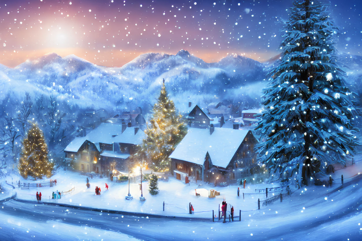 Winter Village Scene: Snowy Dusk with Christmas Tree & Cozy Houses