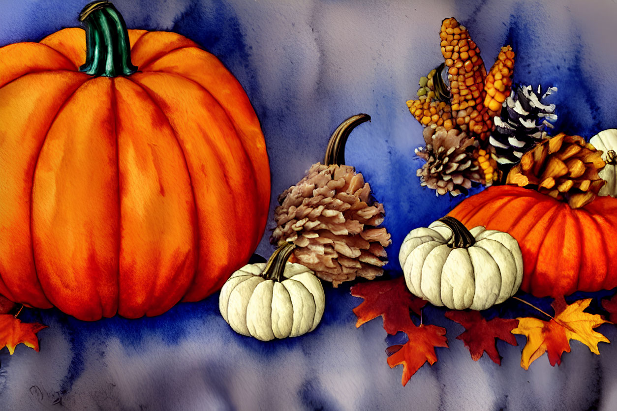 Colorful Watercolor Painting of Pumpkins, Pine Cones, and Autumn Leaves on Blue Background