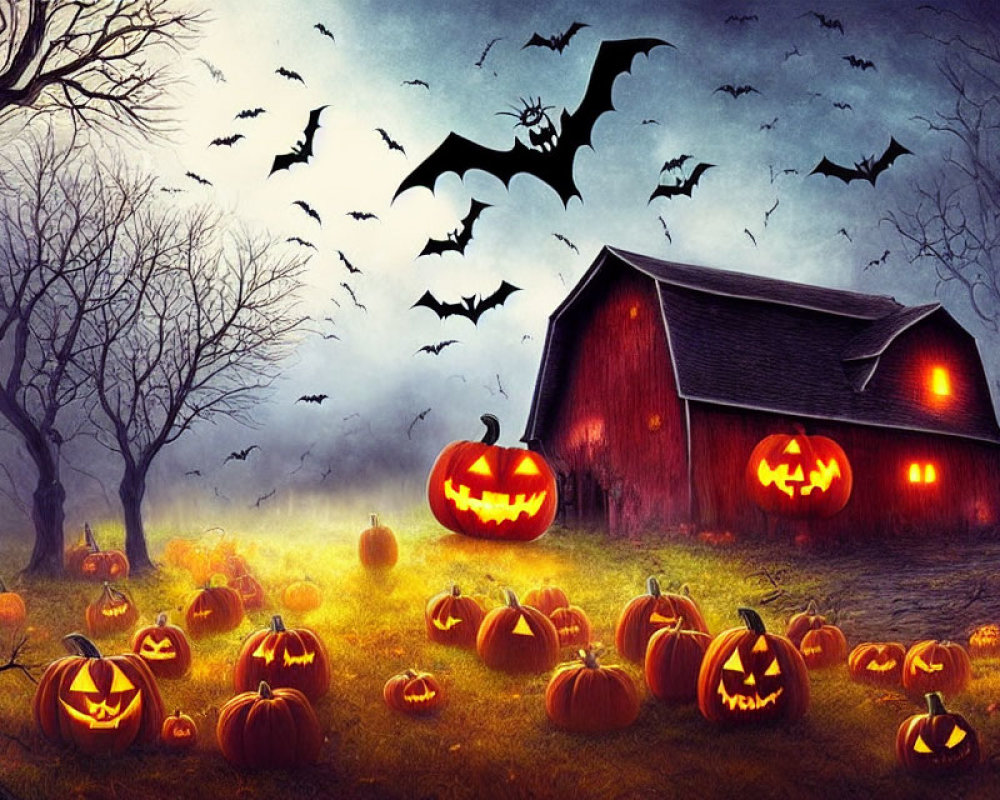Spooky Halloween scene with carved pumpkins, red barn, bare trees, and flying bats