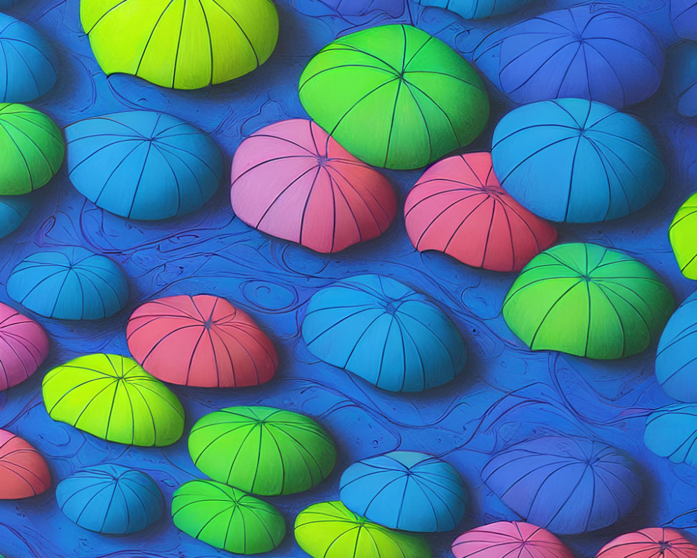 Vibrant 3D-Rendered Beach Balls in Blue, Green, Pink, and Yellow