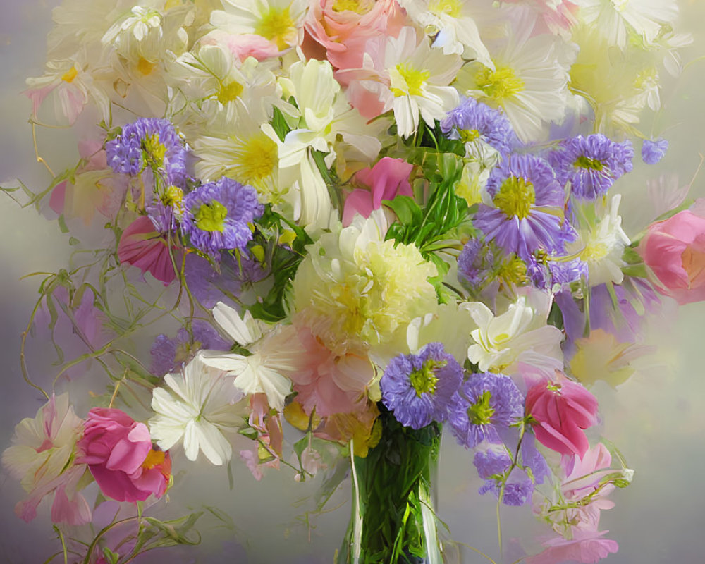 Colorful Mixed Flower Bouquet in Glass Vase with Pink Roses, White Daisies, and