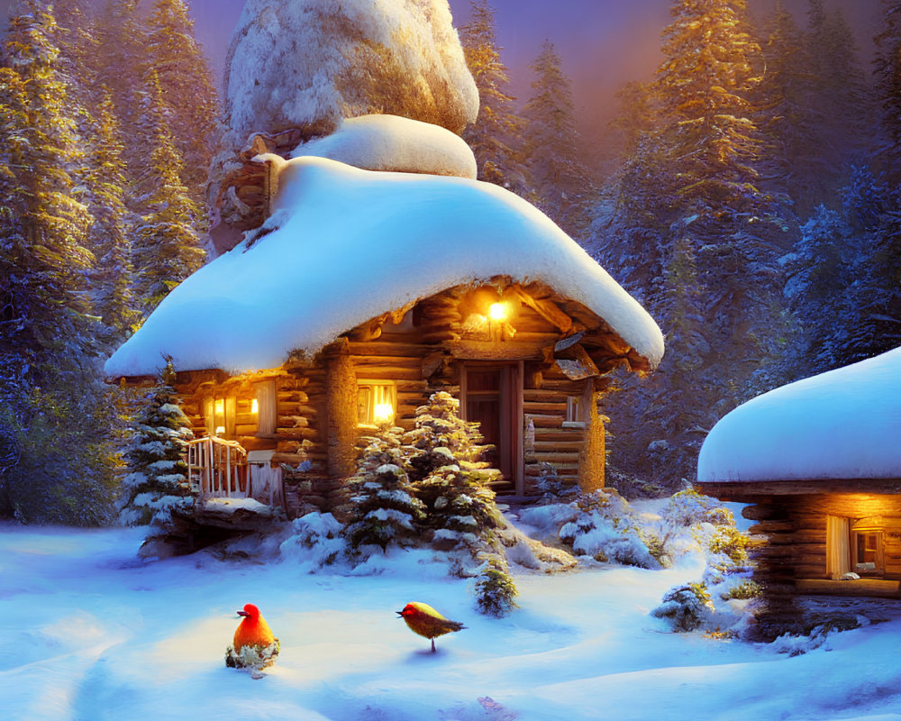 Snowy forest scene with cozy wooden cabin and red birds