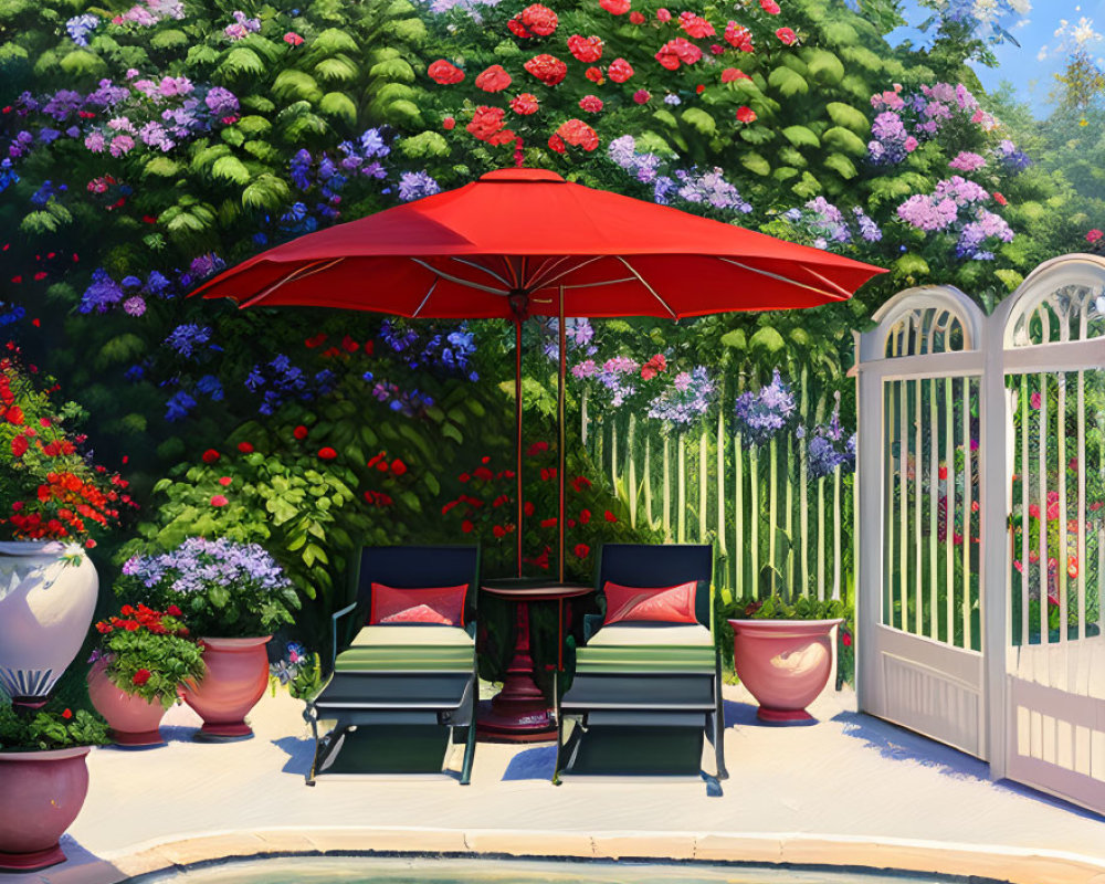 Tranquil garden with red umbrella, lounge chairs, lilies, pond, lush flora, and