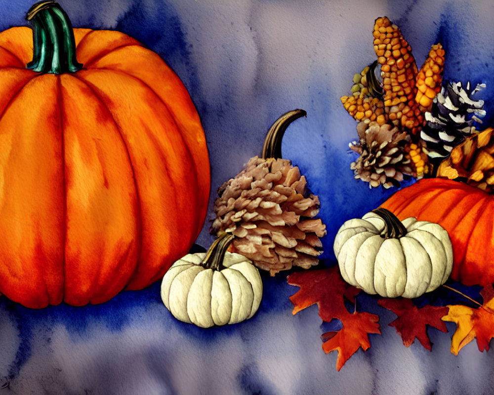 Colorful Watercolor Painting of Pumpkins, Pine Cones, and Autumn Leaves on Blue Background