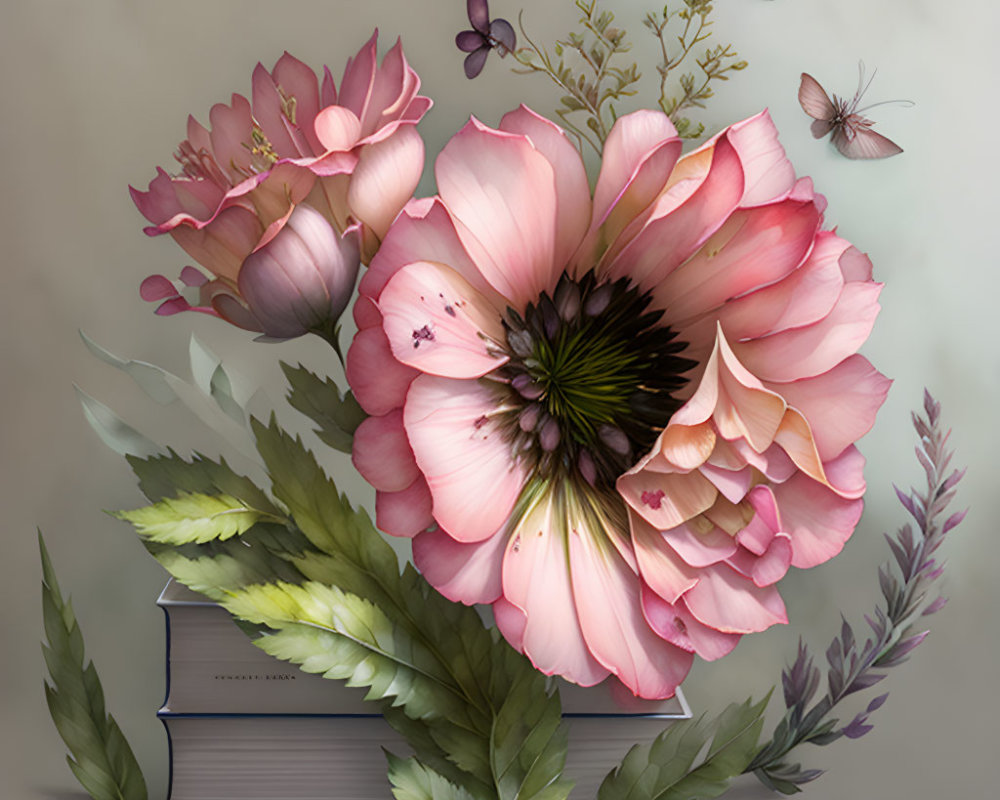 Large Pink Flower on Stack of Books with Blooms and Insects