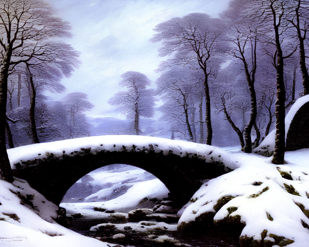 Snow-covered stone bridge over frozen stream in misty winter landscape
