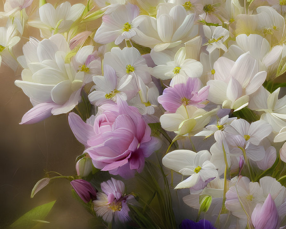 Soft-focus photograph of white and pink bouquet with vibrant pink bloom.
