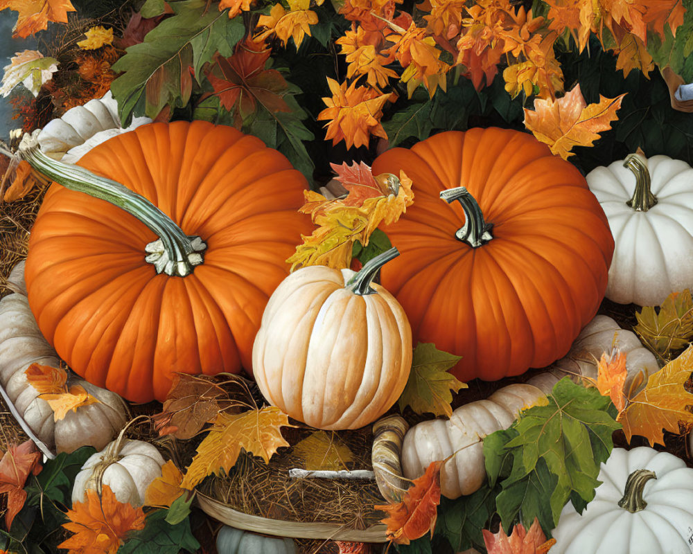 Vibrant autumn scene with pumpkins, gourds, and leaves