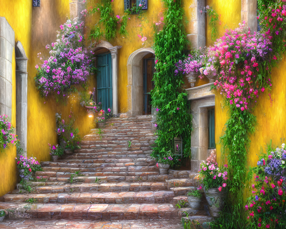 Cobblestone Staircase with Bougainvillea and Yellow Walls