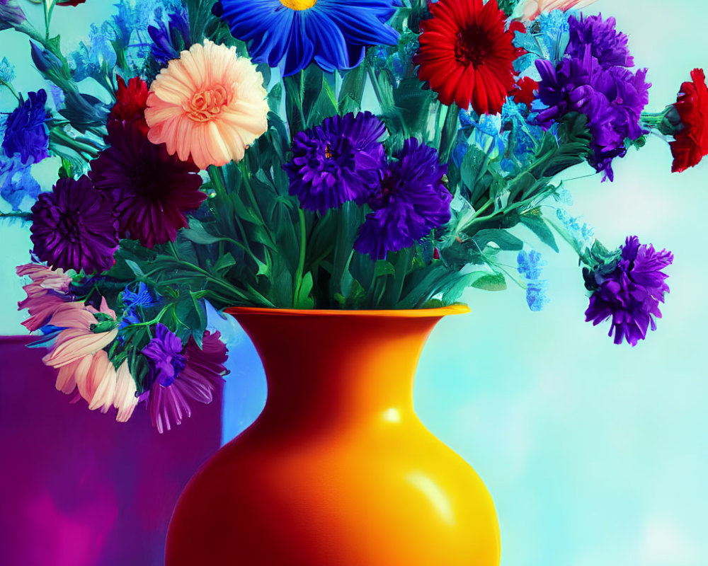 Multicolored Flowers in Bright Orange Vase on Blue and Pink Gradient Background