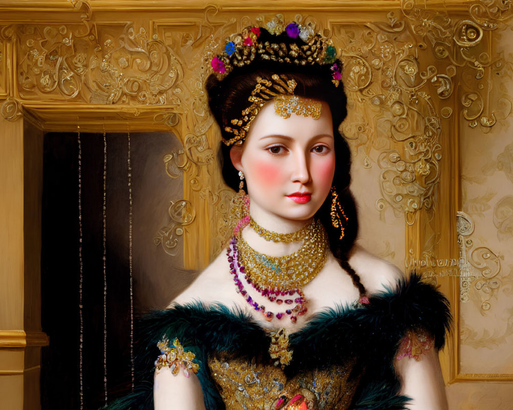 Regal woman portrait in opulent attire with tiara and gold jewelry