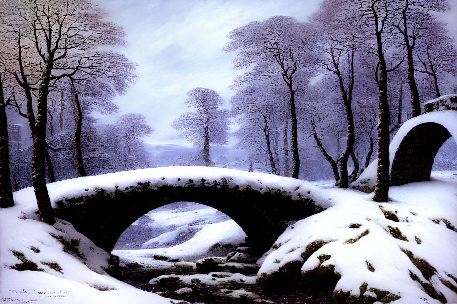 Snow-covered stone bridge over frozen stream in misty winter landscape